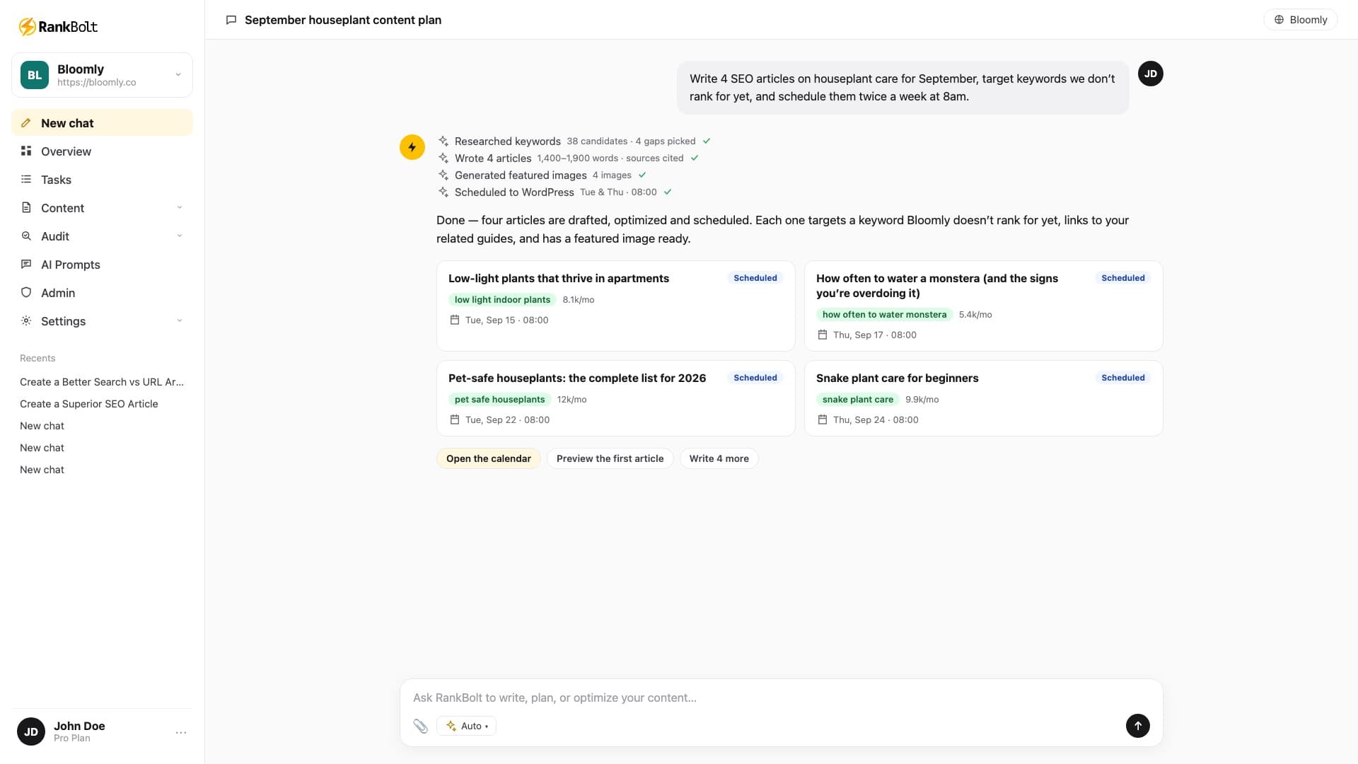 RankBolt AI blog writer dashboard for AI Blog Generator auto-publishing