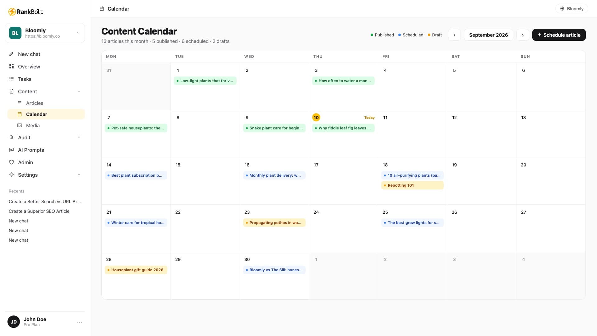 RankBolt AI blog writer dashboard for Webflow auto-publishing