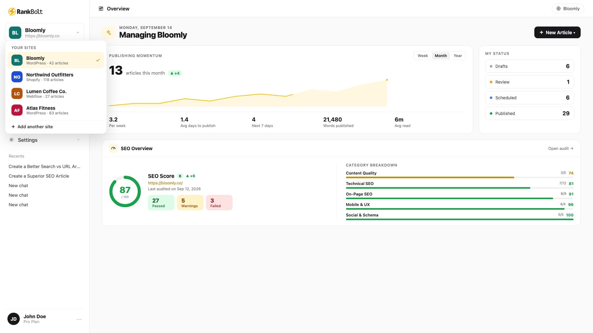 RankBolt AI blog writer dashboard for Multi-Site Blog Management auto-publishing